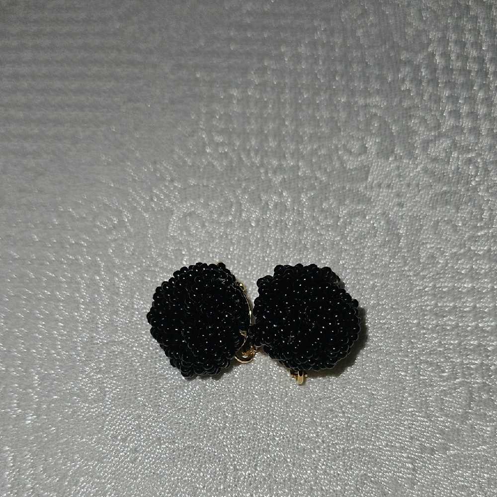 Vintage Trifari Black Glass Beaded Clip-on Earrings